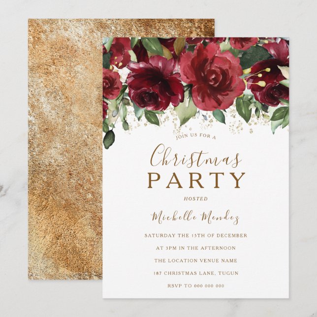 Burgundy Red Flowers Guld Glitter jul Party Inbjudningar (Fram/baksida)