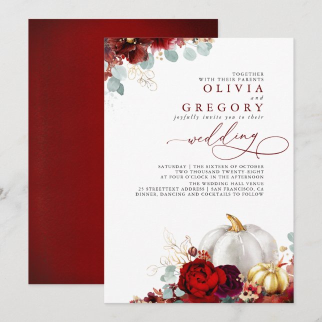Burgundy Red Flowers Guld Pumpkins Fall Wedding Inbjudningar (Fram/baksida)