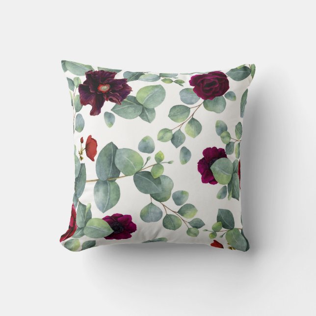 Burgundy Red Flowers och Eucalyptus Greenery Kudde (Framsida)