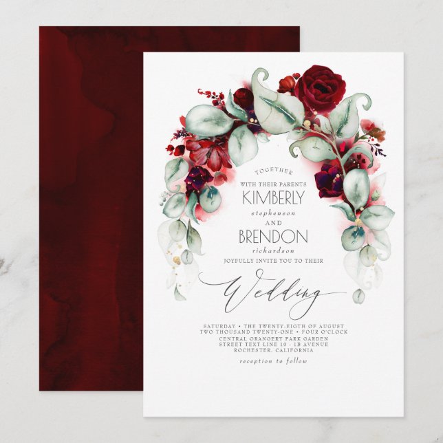 Burgundy Red Flowers och Greenery Elegant bröllop Inbjudningar (Fram/baksida)