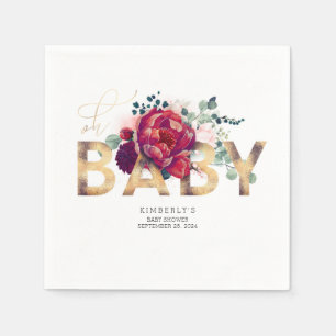 Burgundy Red Flowers och Guld Typography Pappersservett