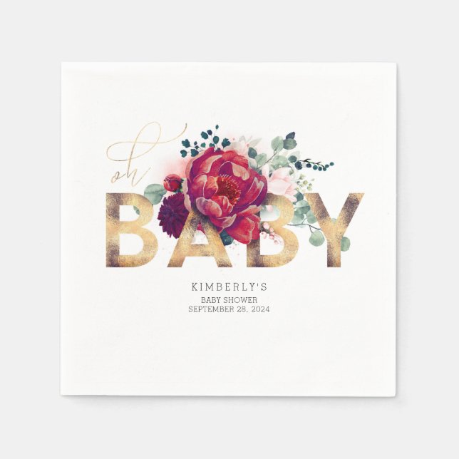 Burgundy Red Flowers och Guld Typography Pappersservett (Framsidan)