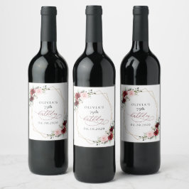 Burgundy Red Flowers, Pink Flowers, Birthday Vinflaska Etikett