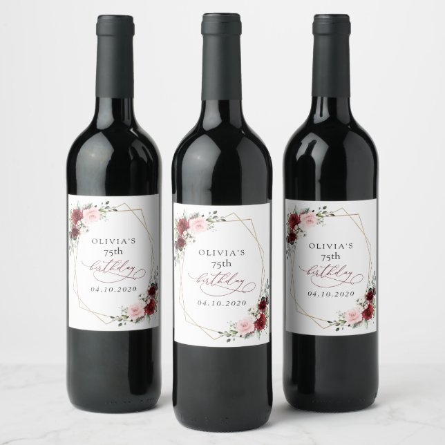 Burgundy Red Flowers, Pink Flowers, Birthday Vinflaska Etikett (Flaskor)