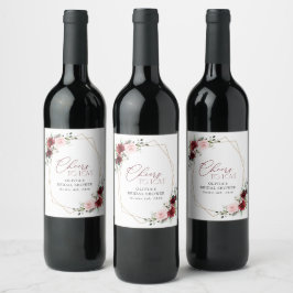 Burgundy Red Flowers, Pink Flowers, Bridal Shower Vinflaska Etikett