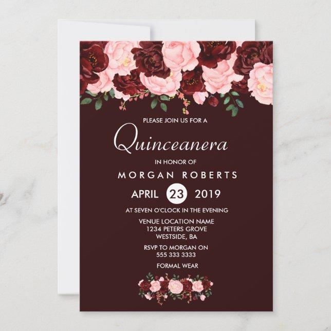 Burgundy Red  Flowers Quinceanera Inbjudan (Framsida)