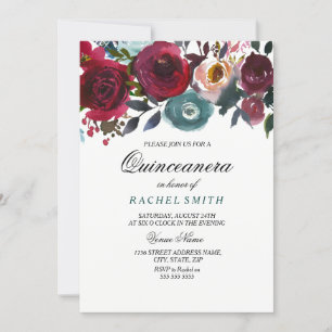 Burgundy Red Flowers Quinceanera Party-inbjudan Inbjudningar