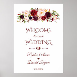 Burgundy Red Flowers Välkommen Bröllop-tecken Poster