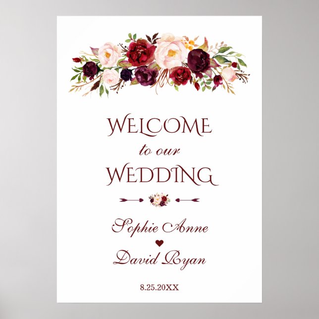 Burgundy Red  Flowers Välkommen Bröllop-tecken Poster (Framsidan)