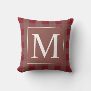 Burgundy Red Gingham Mönster White Monogram Gift Kudde