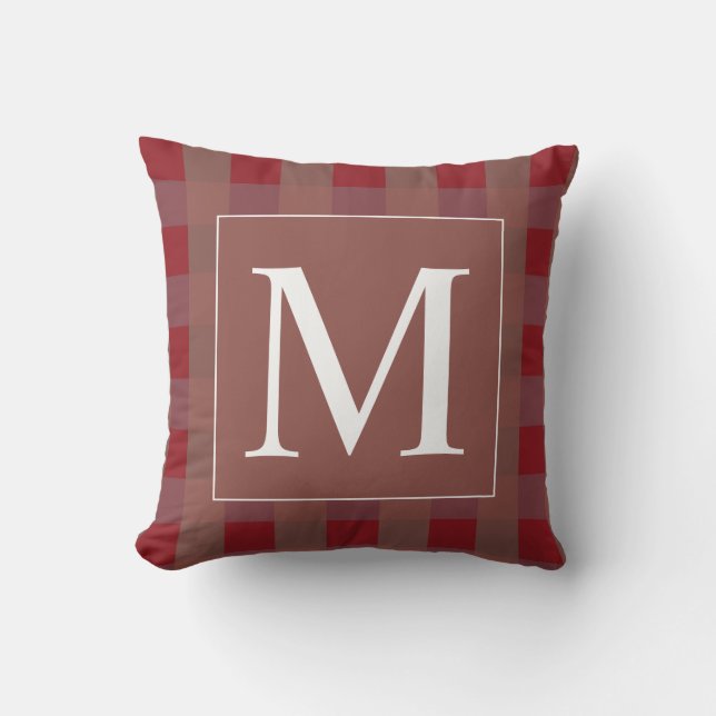 Burgundy Red Gingham Mönster White Monogram Gift Kudde (Framsida)