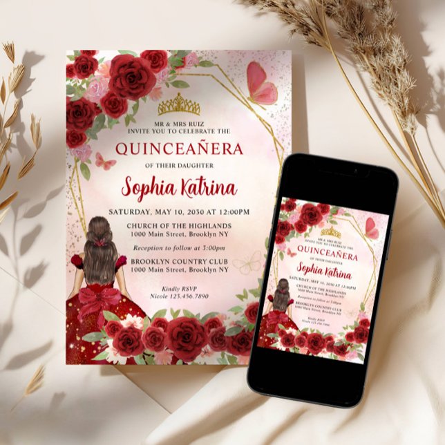 Burgundy Red Glam Guld Blommigt Princess Quinceañe Inbjudningar (Skapare uppladdad)