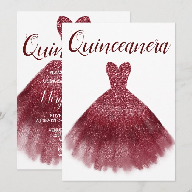 Burgundy Red Glitter Dress Quinceanera Party 15:e Inbjudningar (Fram/baksida)