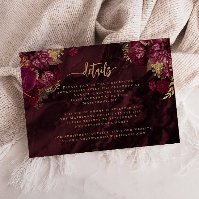 Burgundy Red Gold Agate Floral Wedding Details Tilläggskort (Skapare uppladdad)