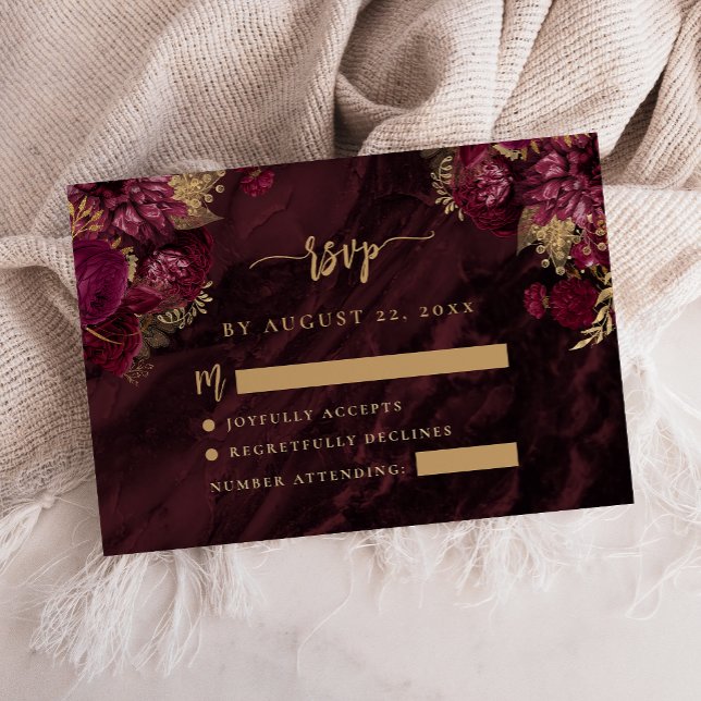 Burgundy Red Gold Floral Agate Script Wedding RSVP Tilläggskort (Skapare uppladdad)