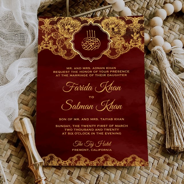 Burgundy Red Gold Foil Snöre islamisk muslimsk Brö Inbjudningar (Skapare uppladdad)