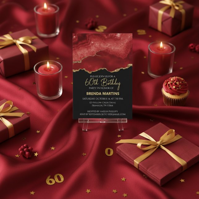 Burgundy Red Gold Glitter  Watercolor Inbjudningar (Skapare uppladdad)