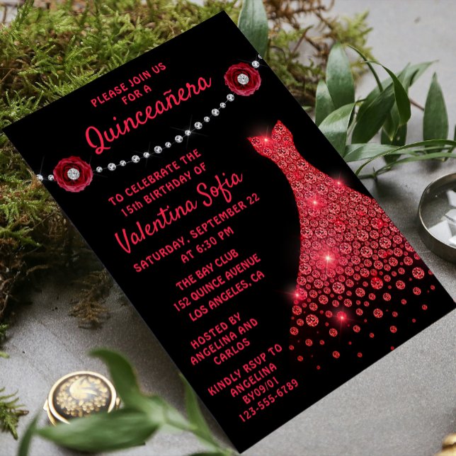 Burgundy Red Gown Diamond Ro Modern Quinceañera Inbjudningar (Skapare uppladdad)