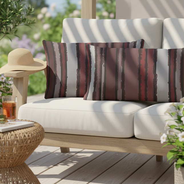 Burgundy Red Grått Mauve Taupe Rand Mönster Lumbarkudde (Skapare uppladdad)