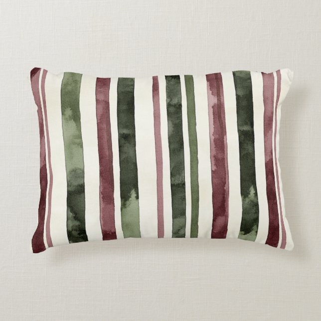 Burgundy Red Green Cream Stripes Christmas Floral Prydnadskudde (Framsidan)