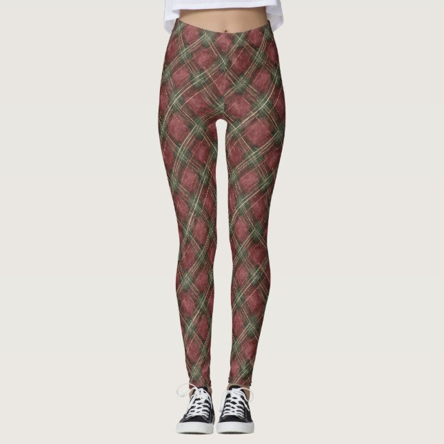 Burgundy Red Green Plaid Leggings (Framsida)