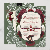 Burgundy Red Grönt Blommigt Ro Charro Quinceanera