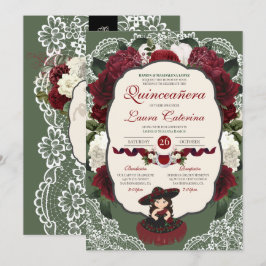 Burgundy Red Grönt Blommigt Ro Charro Quinceanera Inbjudningar