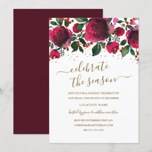 Burgundy Red Grönt Guld Blommigt, Party Inbjudningar