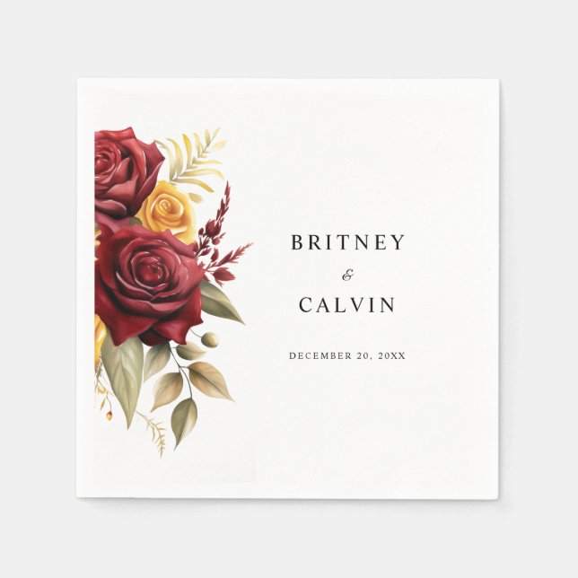 Burgundy Red Gul ros Blommigt Elegant bröllop Pappersservett (Framsidan)