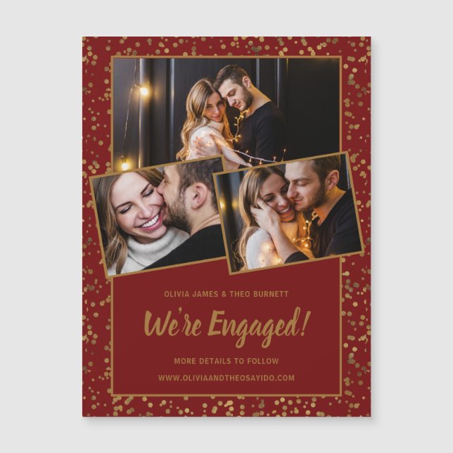 Burgundy Red Guld 3Photo Magnetic Förlovning Card Magnetisk Inbjudningskort (Framsida)