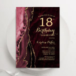 Burgundy Red Guld Agate 18:e födelsedagen Inbjudningar<br><div class="desc">Burgundy och guld agerade 18:e födelsedagsfest inbjudan. Elegantens moderna utformning med marsala vin mörk röd vattenfärg agate marble geode-bakgrund,  faux glitter guld och typography-skript. Trendig inbjudan-kortets perfekt för en snyggt kvinnor i firande. Skrivna Zazzle-inbjudningar eller digital utskrivbar mall för omedelbar nedladdning.</div>