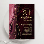 Burgundy Red Guld Agate 21:a födelsedagen Inbjudningar<br><div class="desc">Burgundy och guld agate 21:a födelsedag. Elegantens moderna utformning med mörk red marsala-vattenfärg agate marble geode-bakgrund,  faux glitter guld och typography-skript. Trendig inbjudan-kortets perfekt för en snyggt kvinnor i firande. Skrivna Zazzle-inbjudningar eller digital utskrivbar mall för omedelbar nedladdning.</div>
