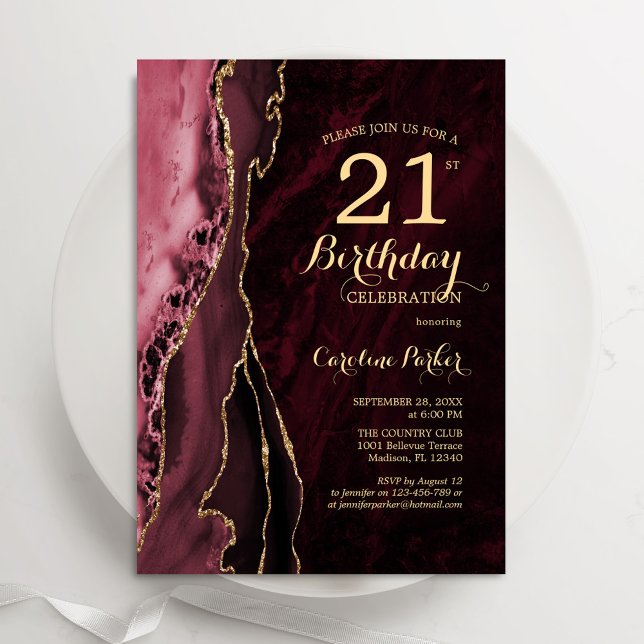 Burgundy Red Guld Agate 21:a födelsedagen Inbjudningar (Skapare uppladdad)