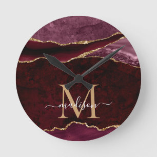 Burgundy Red Guld Agate Geode Glitter Monogram Rund Klocka
