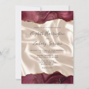 Burgundy Red Guld Agate Ivory Silke QR Code Bröllo Inbjudningar