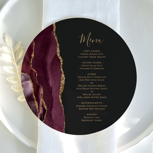 Burgundy Red Guld Agate Round Plate Bröllop Menu Meny (Skapare uppladdad)