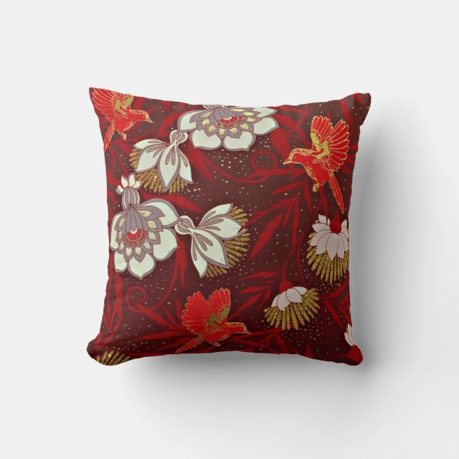 Burgundy Red Guld Bird Flowers Glitter Kudde (Framsida)