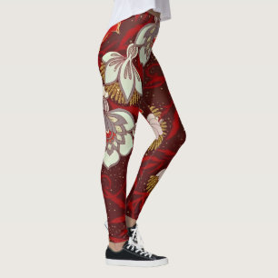Burgundy Red Guld Bird Flowers Glitter Leggings