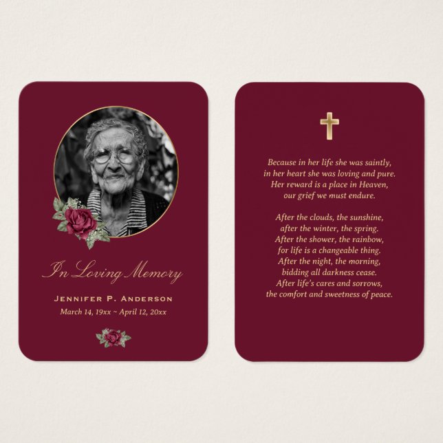 Burgundy Red Guld Blommigt Memorial Card Visitkort (Framsida & baksida)