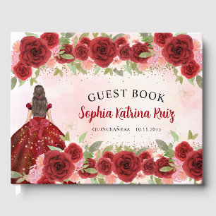 Burgundy Red Guld Blommigt Princess Quinceañera Gästböcker