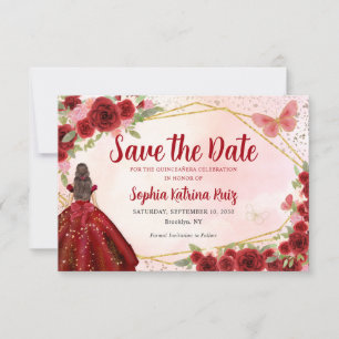 Burgundy Red Guld Blommigt Princess Quinceañera Spara Datumet