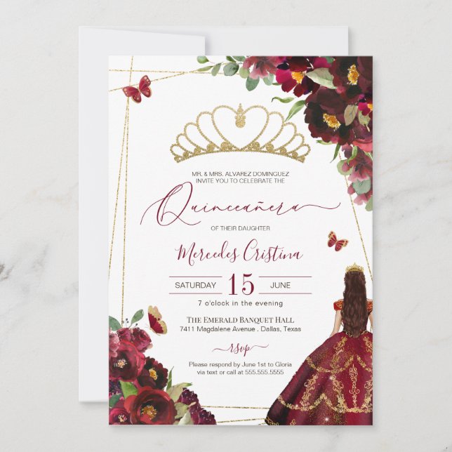 Burgundy Red Guld Butterflies Quince Birthday Inbjudningar (Framsida)