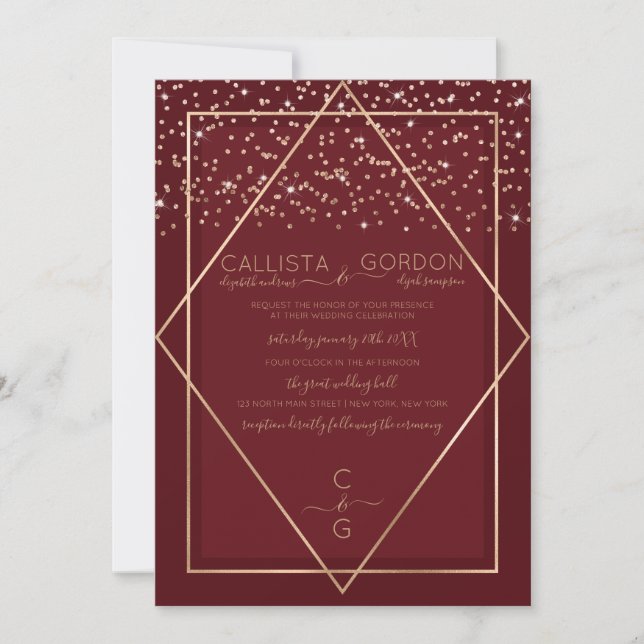 Burgundy Red Guld Confetti Geo Gräns Bröllop Inbjudningar (Framsida)