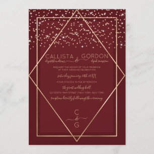 Burgundy Red Guld Confetti Geo Gräns Bröllop Inbjudningar