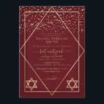 Burgundy Red Guld Confetti Gräns Bat mitzvah Inbjudningar<br><div class="desc">Denna elegant och moderna Bat mitzvah inbjudan är idealisk för ett klassligt och formellt evenemang. Den har en faux tryckt glatt guld glitter-konfekt som sprinkled över en tunn geometrisk romb och rektangulär gräns med en burguddig röd tunn gräns under och en ljusröd burgundröd fyllning bredvid guld stjärnor av David. Det...</div>