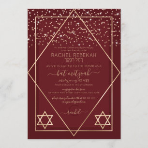 Burgundy Red Guld Confetti Gräns Bat mitzvah Inbjudningar