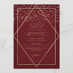 Burgundy Red Guld Confetti Gräns Quinceañera Inbjudningar