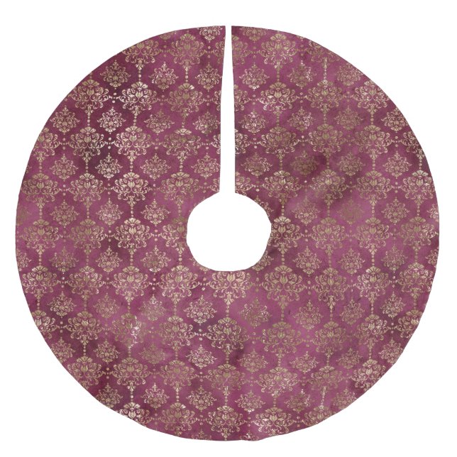 Burgundy Red Guld Damask Julgransmatta Borstad Polyester (Framsidan)