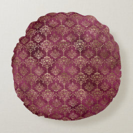 Burgundy Red Guld Damask Rund Kudde