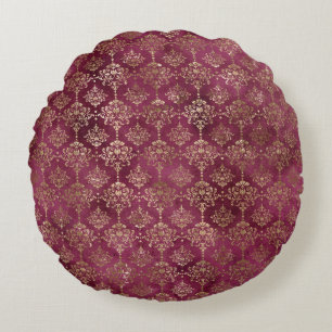 Burgundy Red Guld Damask Rund Kudde